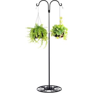 Blulu 34-55 Inch Adjustable Black Iron Shepherd Hook with Base Indoor Outdoor Bird Feeder Stand Wind Chime Stand Hanging Plant Flower Basket for Garden Plants Weddings Event Home Artsy Decor
