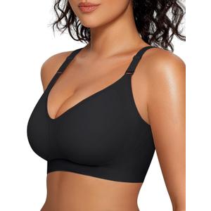OEAK Womens Seamless Bras Comfortable Bra No Underwire Full Support Bralette Push Up Plus Size V Neck Sleeping Tshirt Bras (XX-Large, Black)