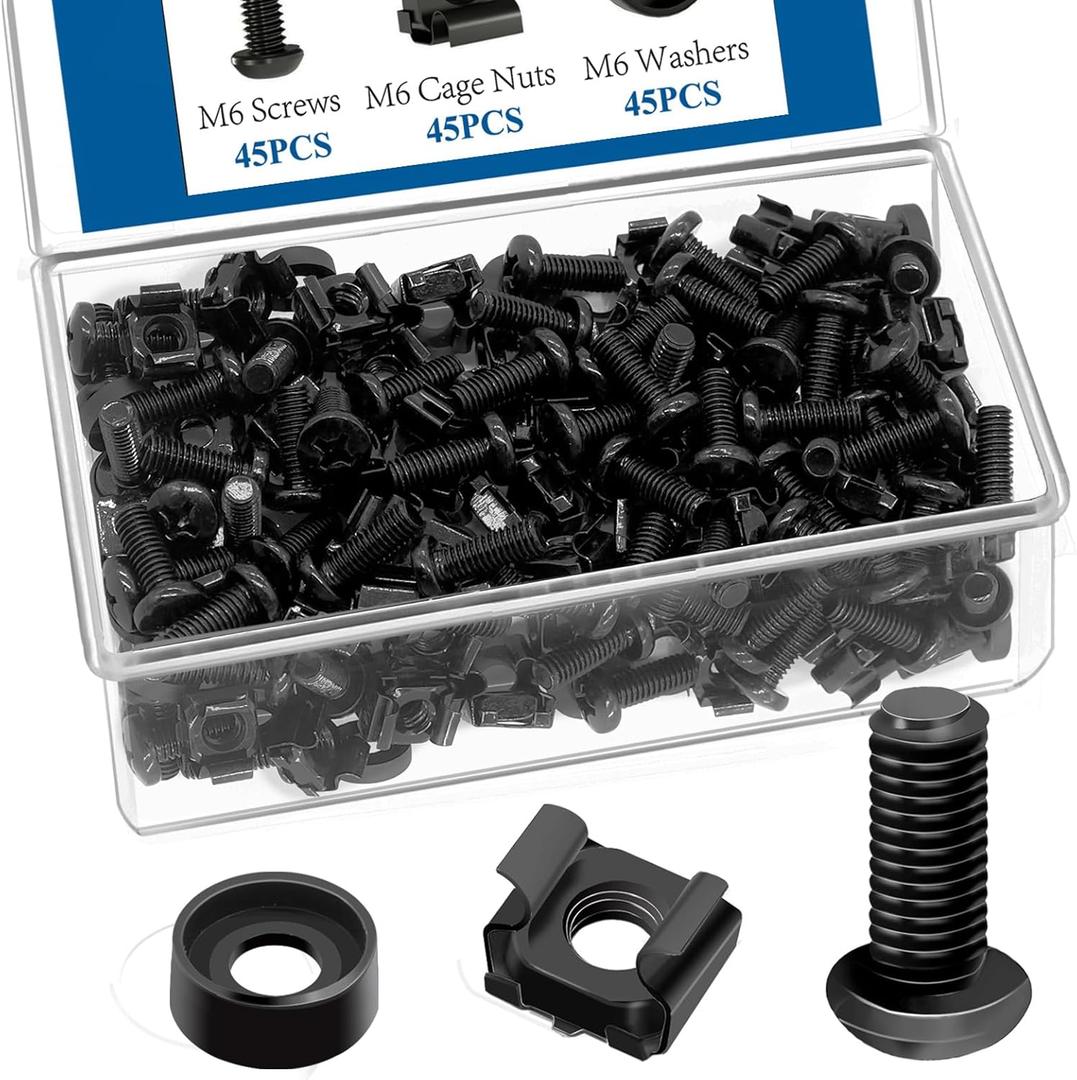 45 Pack M6 x 16mm Rack Mount Screws,Cage Nuts for Rack Mount Server Shelves,Routers,Rack Mount Server Cabinet.Server Rack Screws,Square Insert Nuts and Washers with Box (Black)