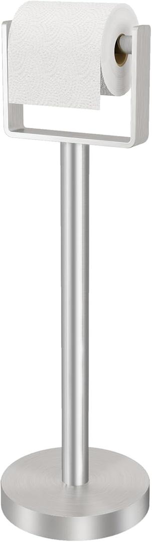 YUMORE Toilet Paper Holder Free Standing, Stainless Steel Toilet Paper Stand, Weighted Base Floor Tissue Roll Holder for Bathroom, Brushed Nickel 200UP