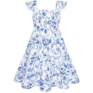 GRACE KARIN Girls Summer Floral Dress Fancy Flowy Flutter Sleeves Casual Back Bow Tie Dress, 8Y Blue and White (White)