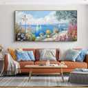 XLSJERST Large Coastal Wall Art - Ocean Seascape Canvas Yellow Green Flowers Painting Landscape Sailboat Picture Artwork Modern Large Framed for Living Room Bedroom Home Office Decor 58x29 Inches, 60 x 30 inches