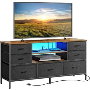 Huuger TV Stand Dresser with Power Outlets and LED Lights, 7 Drawers, 47 Inch Console, Rustic Brown and Black