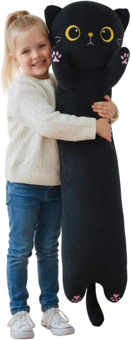 Somao Giant Black Cat Plush Pillow - 23.6" Extra Long Stuffed Animal Body Pillow for Kids & Adults, Super Soft Huggable Black Cat Plushie Toy Gift for Christmas, Birthday, Halloween