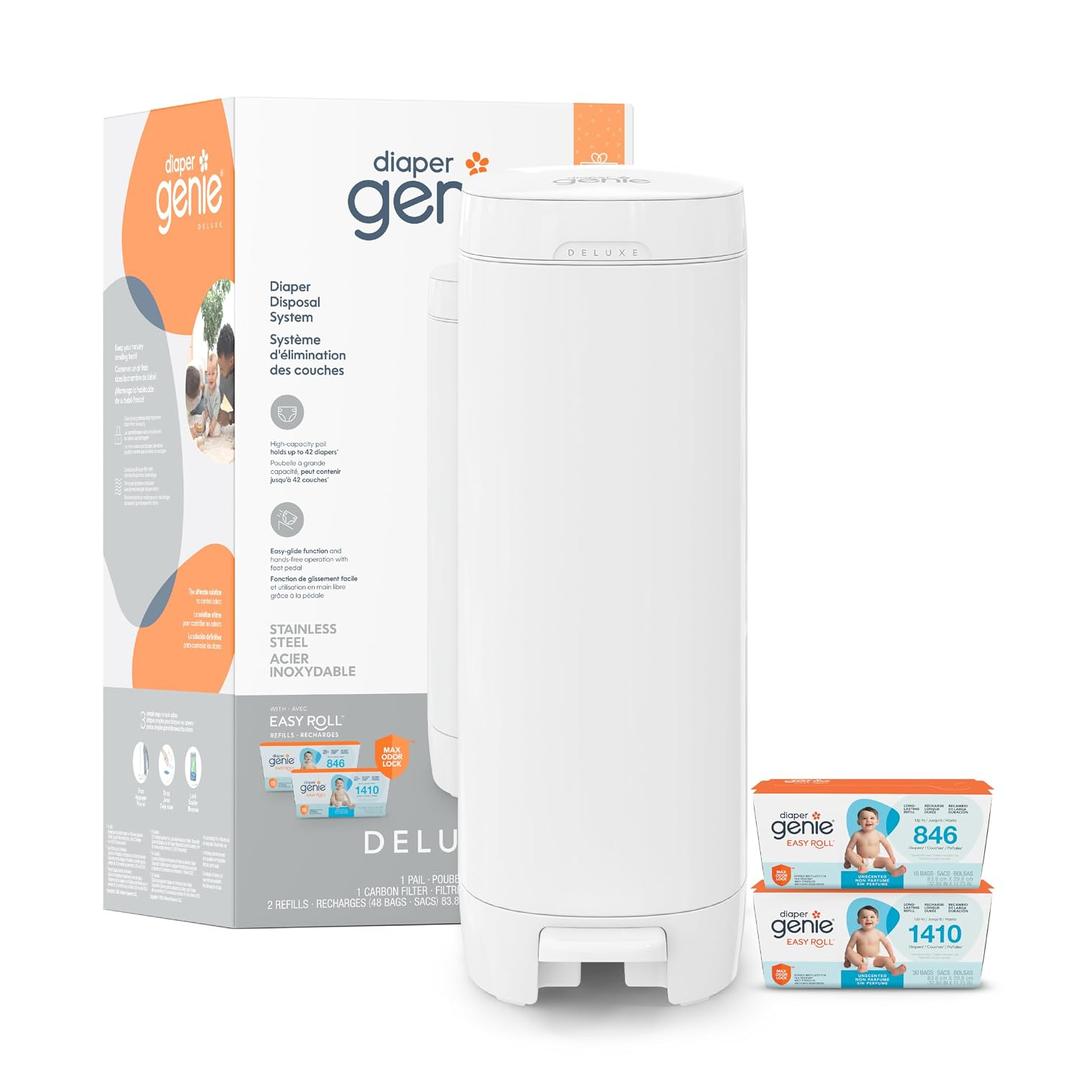Diaper Genie Deluxe Gift Set Pail Diaper Disposal Made in Stainless Steel | Hands-Free Foot Pedal & Easy-Glide Function| Includes 2 Easy Roll Refills (48 Bags) | Baby Shower Gift