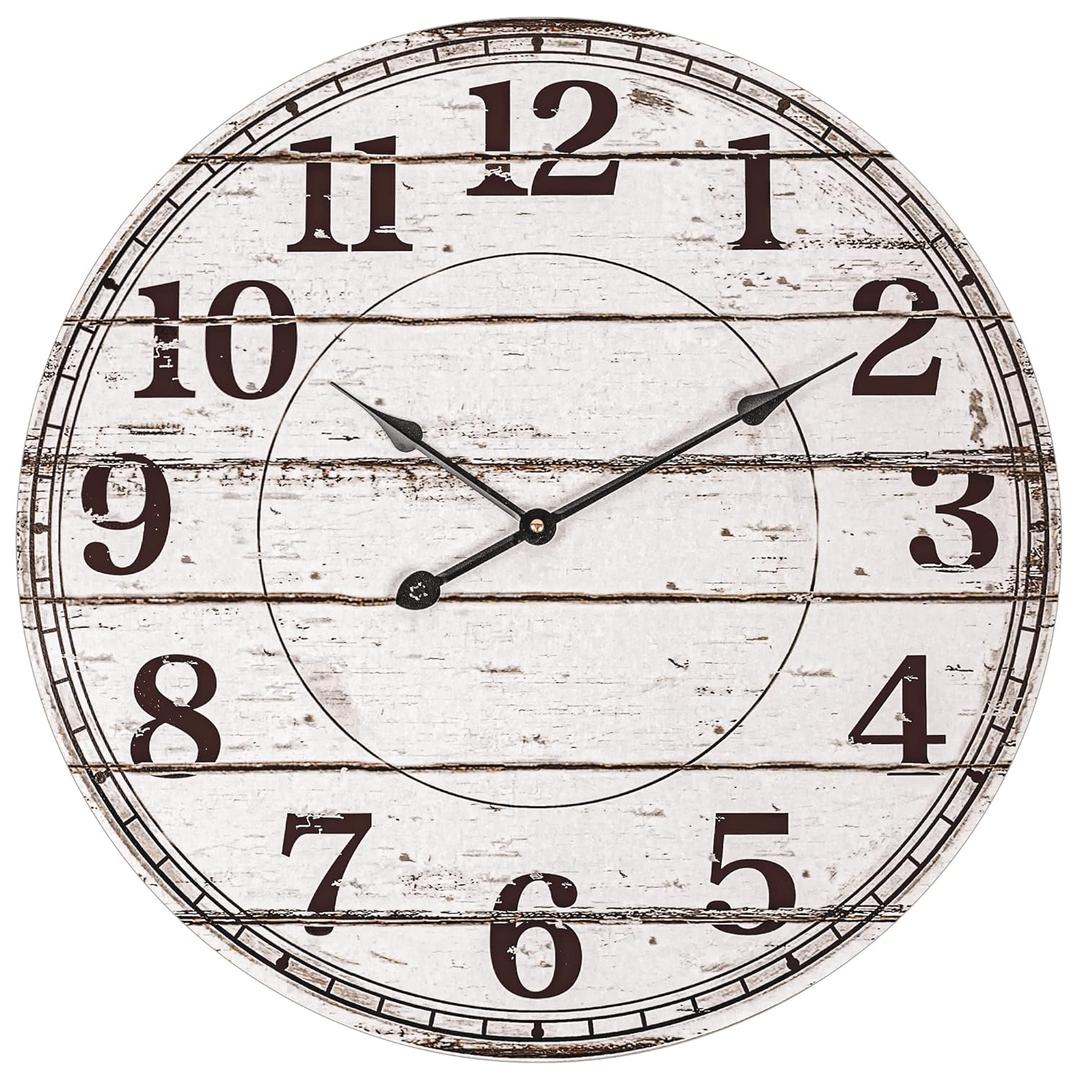BEW Large Wall Clocks for Living Room Decor, Silent Battery Operated Quartz Wall Clock, 24 Inch White Rustic Country Farmhouse Shiplap Round Wooden Wall Clock