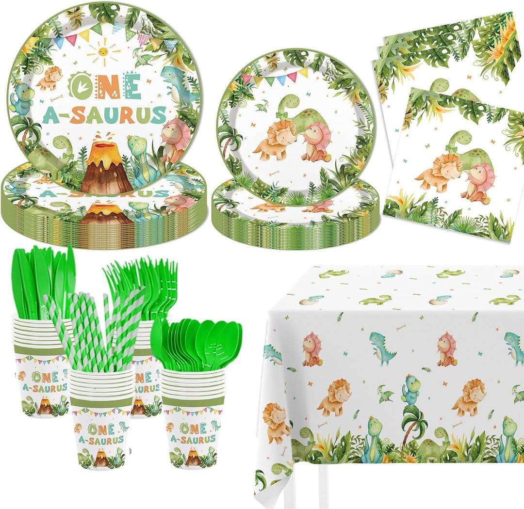 AIBIIN 193Pcs Watercolor One A Saurus Dinosaur Disposable Tableware Set Dinosaur Theme 1st Birthday Party Decorations Banner Plates, Napkins, Cup Tablecloth, for Boy Birthday Decorations Serves 24
