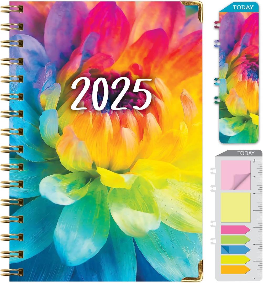 HARDCOVER 2025 Planner, 5.5"x8": 14 Months (November 2024 - December 2025), Daily Weekly Monthly Planner, Yearly Agenda, Bookmark, Pocket Folder and Sticky Note Set (Rainbow Petals) (5.5"x8", Rainbow Petals)