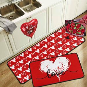 Buffalo Plaid Valentines Day Kitchen Rugs Set of 2,Valentine's Anniversary Wedding Holiday Love Hearts Decorative Floor Mats for Home Kitchen 17"x47"+17"x30"