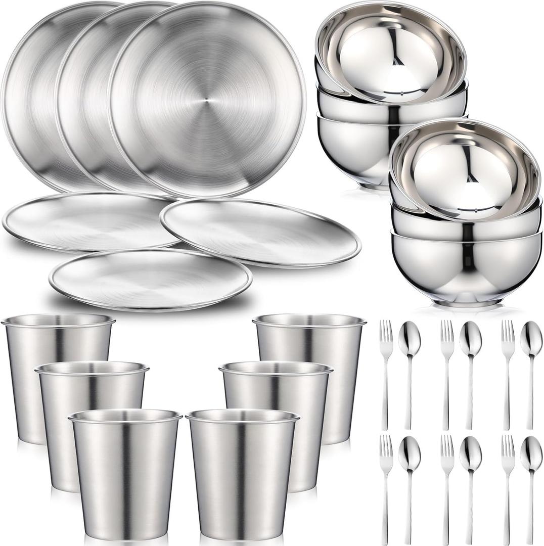Jinei 30 Pcs 304 Stainless Steel Dinner Set Stainless Steel Plates and Bowls Include Plates Bowls Cups Forks Spoons Utensil Reusable Metal Camping Dinnerware Tableware for Home Picnic Kitchen(Silver) (Small)