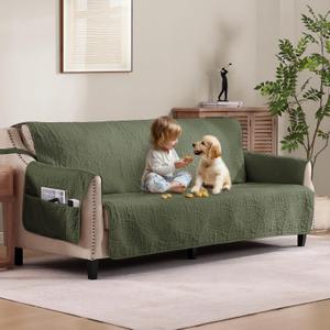 Quilted Olive Green Sofa Slipcovers with Pockets, Anti-Slip Medallion Couch Covers for 3 Cushion Sofa, Couch Cover for Dogs Cats Water-Repellent Machine Washable (Large Sofa 68", Olive Green)