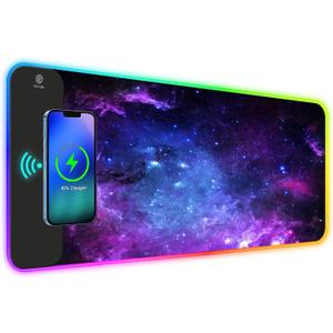 ToLuLu RGB Gaming Wireless Charging Mouse Pad, 7.5/10/15W 10 Light Modes LED Mouse Pad Computer Keyboard Mat Mousepad, 800x300x4MM Extended Large Desk Mat for MacBook, Laptop, PC, Purple Galaxy Space