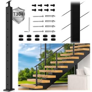 T304 Cable Railing Stair Post 36", "Drilled Stainless Steel Black Finish Staircase Deck Post with Cable Grommets Fit for 25-35 Stairway, Adjustable Top Mount