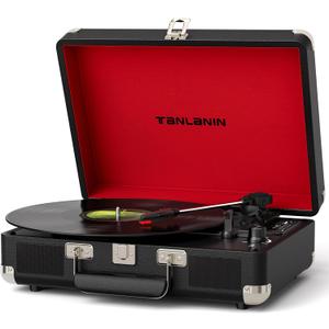 TANALNIN Vinyl Record Player, 3-Speed Bluetooth Portable Suitcase Turntable with Built-in Speakers, USB Recording, RCA Output, AUX Input/Output, Vintage Vinyl Player for Home, Bedroom or Gifting,Black