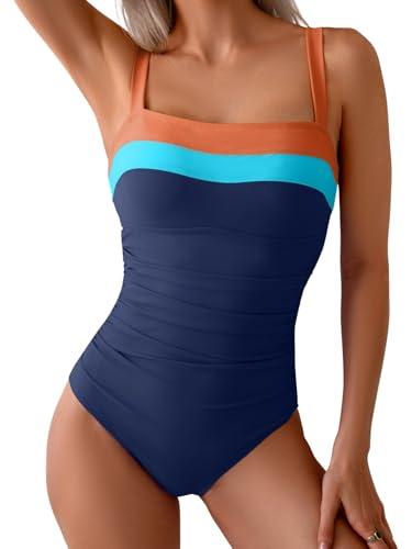 Eomenie Women's One Piece Swimsuit Tummy Control Ruched Bathing Suit Full Coverage Slimming Swimwear Color Block Swim Suit, Size XL