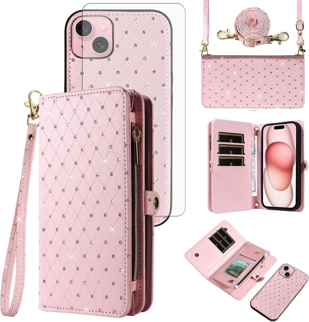 Phone Case for iPhone 15 6.1 inch Zipper Wallet Detachable Cell Cover with Screen Protector Crossbody Lanyard Strap Bling Glitter Flip Card Holder Slot i Phone15 i15 15Case Women Men Girls Pink