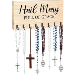 Large Wooden Rosary Holder Wall Mounted with 8 Hangers Catholic Rosary Storage Organizer Decorative Hanger Holder for Necklace, Bracelet Prayer Storage (Natural)