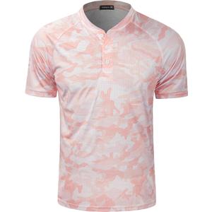 TAPULCO Mens Collarless Golf Shirts Short Sleeve Dry Fit Stretch Casual Breathable Lightweight Tshirts (Pink, S)