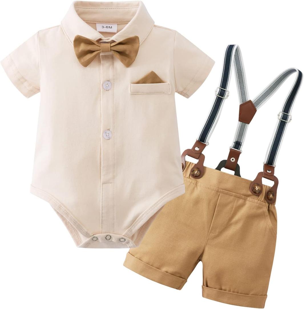 YUEMION Infant Baby Boy Clothes Gentleman Outfits Suits Summer Short Sleeve Bowtie Bodysuit Shirts + Suspender Shorts(0-24M) (12-18 Months)