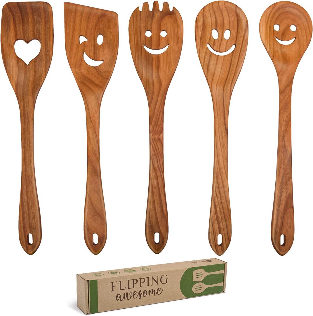 MFC 5-Piece Wooden Cooking Spoons - Kitchen Set from Natural Cherry Wood - Wooden Spoons for Cooking - Funny Utensil Set with Smiley Faces - Cooking Multipurpose Wood Utensils