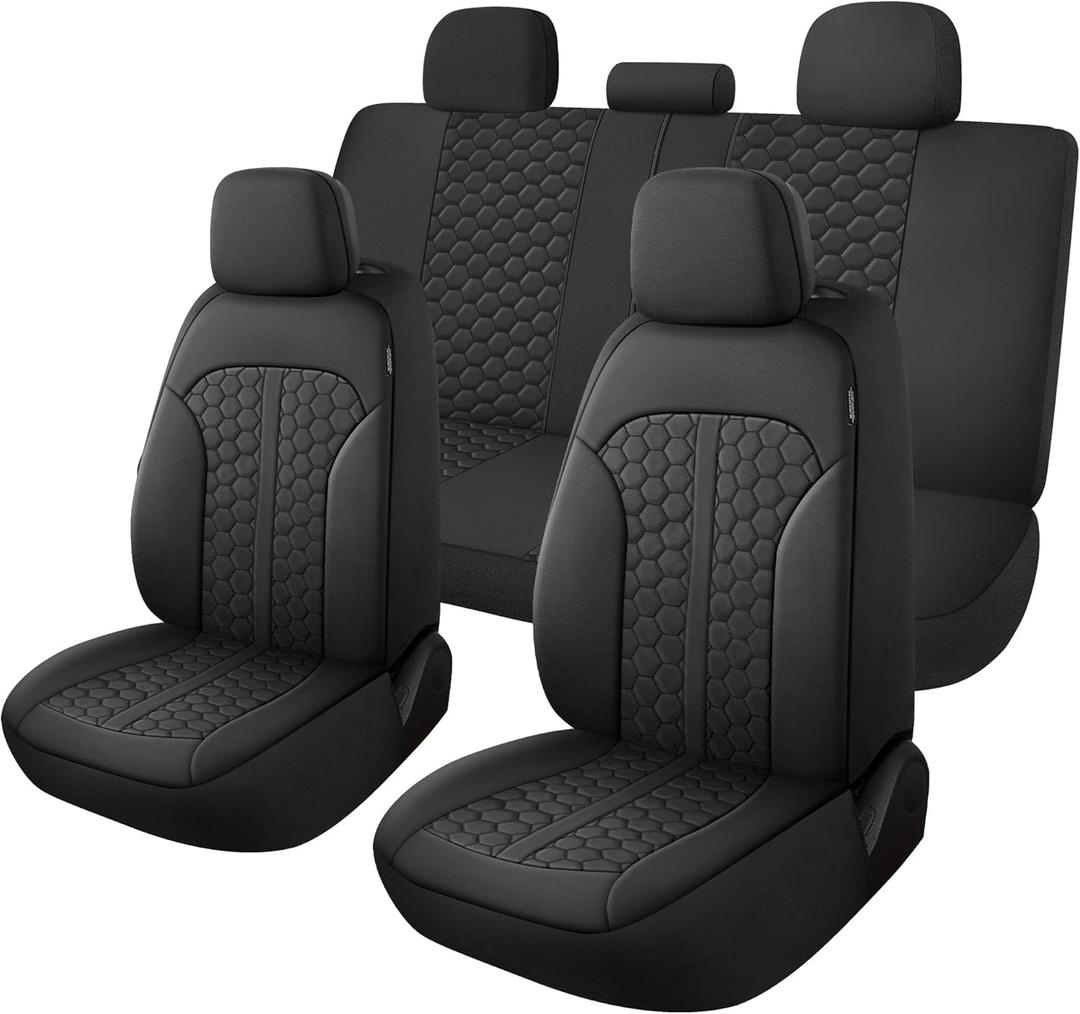 YGL Luxury PU Leather Car Seat Covers Full Set, Anti-Stain Interior Protector.Waterproof Auto Seat Covers for Cars,Trucks,Van,SUV,Pickup,Airbag Compatible (Black)