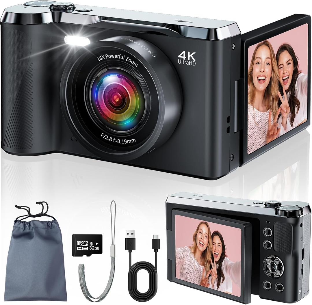JDZ 4K Digital Camera for Photography and Video, 56MP Autofocus Vlogging Camera for YouTube, 3'' 180 Flip Screen, 16X Zoom, Flash, Compact Travel Camera with 32GB Card for Beginners (Black)