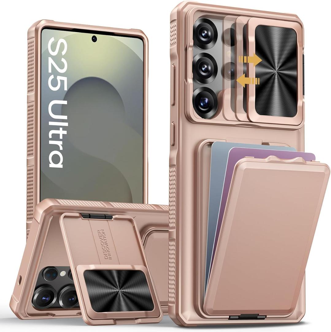 SSLOTSCASE for Samsung Galaxy S25 Ultra Case with Wallet & Sliding Lens Cover & Kickstand & Credit Card Holder, Military-Grade Protection Rugged Phone Case Cover for Galaxy S25 Ultra 6.9'', Rose Gold