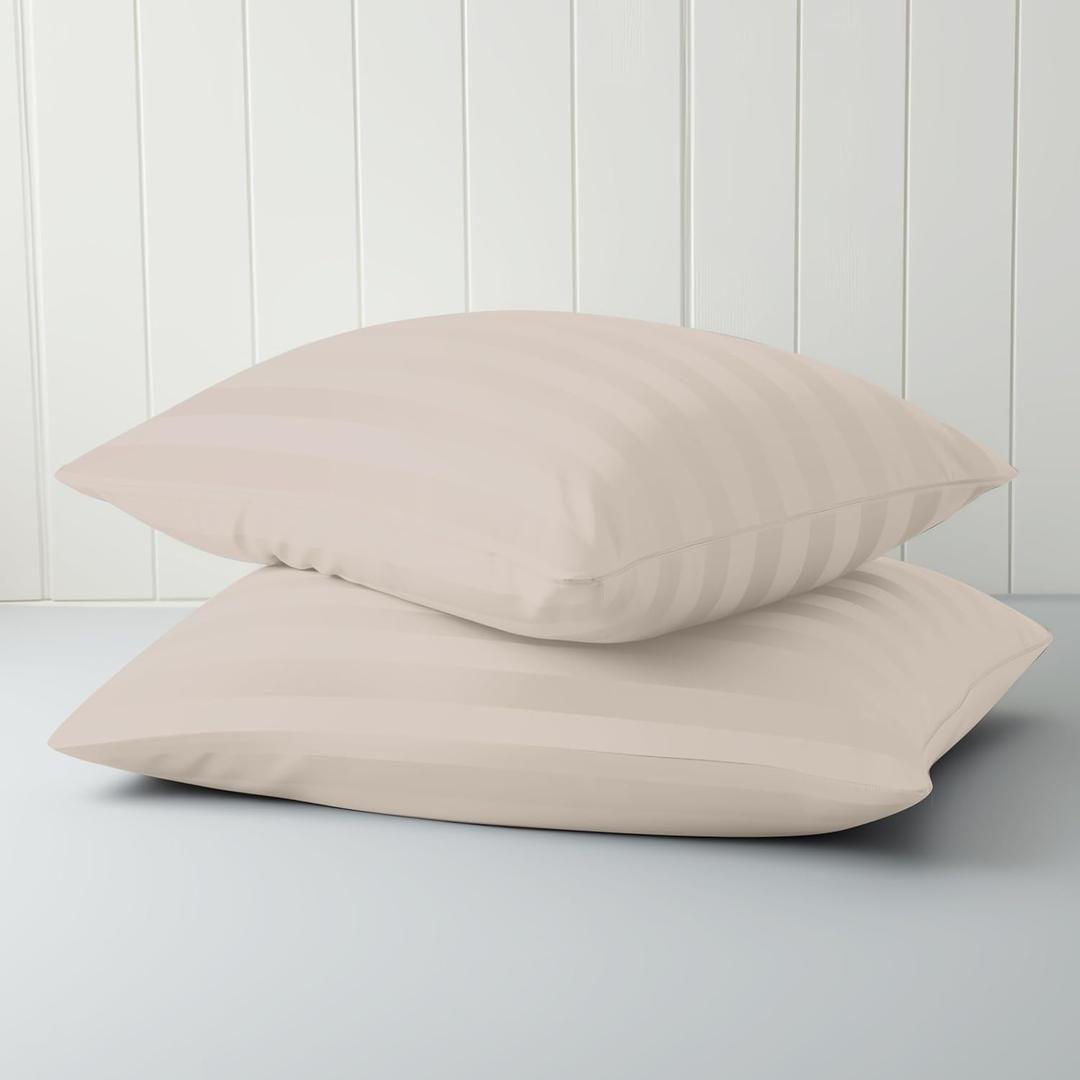 Queen Pillow Cases 4 Pcs,400 Thread Count Sateen Weave Cotton Queen Size Pillow Covers for Home/Hotel (Stripe-Ivory) (Striped Light Beige)