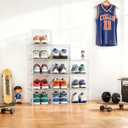 Pinkpum Upgraded Hard Shoe Storage Box 12 Pack X-Large Fit Size 12, Thicken & Sturdy Clear Plastic Stackable Shoe Organizer Box Closet, Sneaker Storage Display Case Holder Bins with Magnetic Door