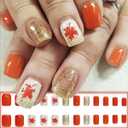 Fall Press on Nails Short Square Fake Nails with Glue Glitter Maple Leaf Acrylic Nails Supply Full Cover Gold Glossy Autumn Leaf False Nails for Women Girls DIY Thanksgiving Nail Decoration