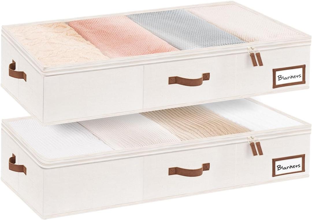 StorageWorks Extra Large Under Bed Storage Containers with Handles and Label Holder, 2 Pack Ultra-thick Fabric Underbed Bins, Closet Organizer for Clothes, Blankets, Sweater (Beige)