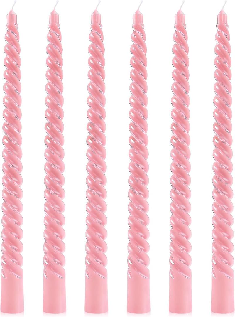 6 Pcs Pink Spiral Taper Candles, 10 Inch Unscented Dripless Twisted Candlesticks, Decoration for Dinner Party Wedding Holiday Celebration Supplies