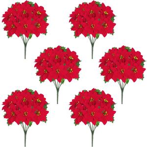 Artflower Christmas Decorations - 6 Pack Poinsettias Artificial Christmas Flowers, Fake Red Velvet Artificial Poinsettias Flowers for Christmas Tree Home Party Porch Yard Indoor Outdoor Decor