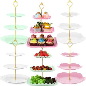 6 Sets Tea Party Decorations of 3 Tier Plastic Cupcake Stand Dessert Plates Cake Fruit Candy Display Tower for Wedding Birthday Baby Shower Tea Party Decorations(Round,Flower,Square)