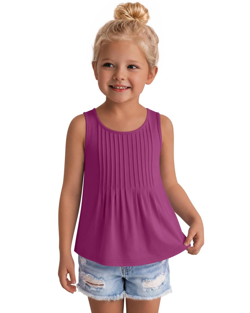 Ficerd Toddler Girls' Tank Tops Sleeveless Pleated Tunic T-shirts for Baby Crew Neck Summer Dressy Loose Plain Tee Blouses(2T,Dark Rose Red)