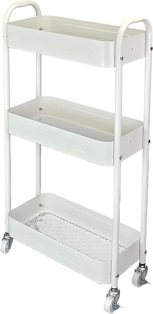 3 Tier Narrow Rolling Storage Cart for Laundry Room Bathroom Kitchen, 7.1'' Slim Utility Cart with Wheels and Lockable Casters Standing Shelf for Small Space & Between Washer and Dryer, White (7.1"D x 15.8"W x 26.4"H)