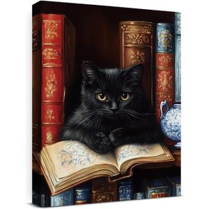Vintage Cat Books Canvas Wall Art Bookshelf Cat Print Poster Framed Picture Painting for Home Reading Room Library Wall Decor 11x15 Inch (15L" x 11W")