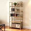 Folding No-Assembly Bookshelf, 2-in-1 Convertible Design, Multifunctional Plant Stand Storage Rack Shelves for Home Office, Easy Assembly, 5-Tier,Gold & Nature Wood