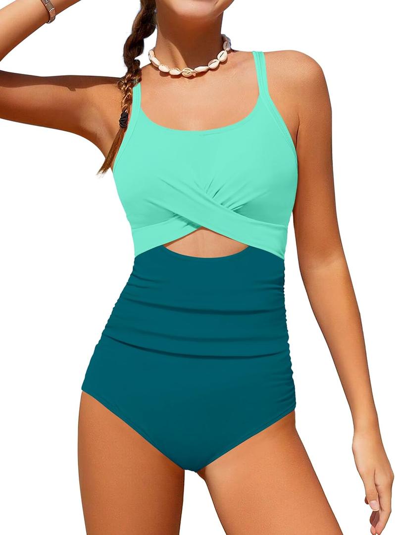 Girl Swimsuit One Piece Cutout Ruched Bathing Suit for Girls Color Block Adjustable Straps Pad Swimwear 13-14Y