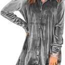 Caitefaso Womens Velvet Button Down T Shirts Swing Mini Dress Casual Long Sleeves Lapel Tunic Tops (Large, Grey)