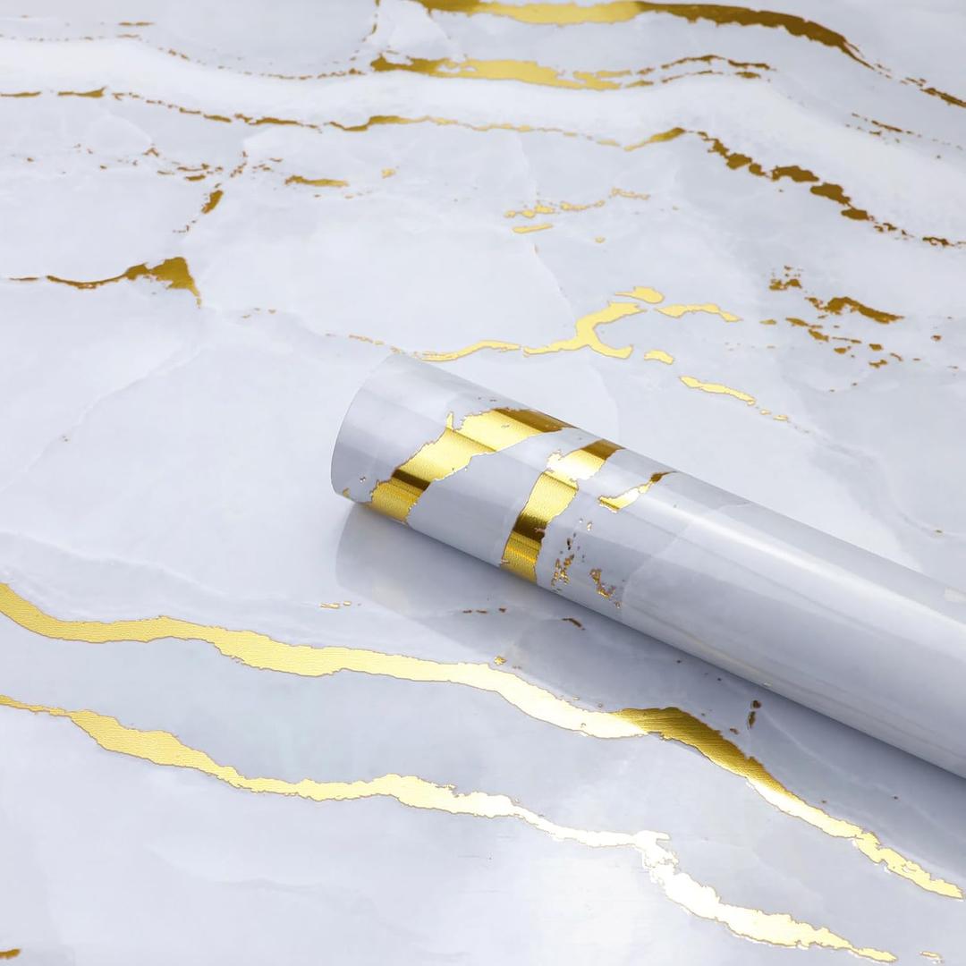 SOON AFTER Gold Marble Contact Paper Glossy Thick Peel and Stick Wallpaper Waterproof Self Adhesive Removable Wall Paper for Countertop Furniture Kitchen Bathroom. Modern Gold and White 15.7"x78.7"