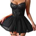 Avidlove Lingerie for Women Sexy Lace Babydoll Mesh Chemise Boudoir Nighty with Garter Belt (Medium, Black)