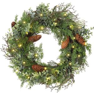 Pre Lit Christmas Wreath for Front Door Green Wreath Decorated with Pine Cones,Berry Clusters, Abundant Fit Branches 18 Lighted Christmas Wreaths for Windows Winter Wreath Hanging Wall Decor (18" Battery Powered)