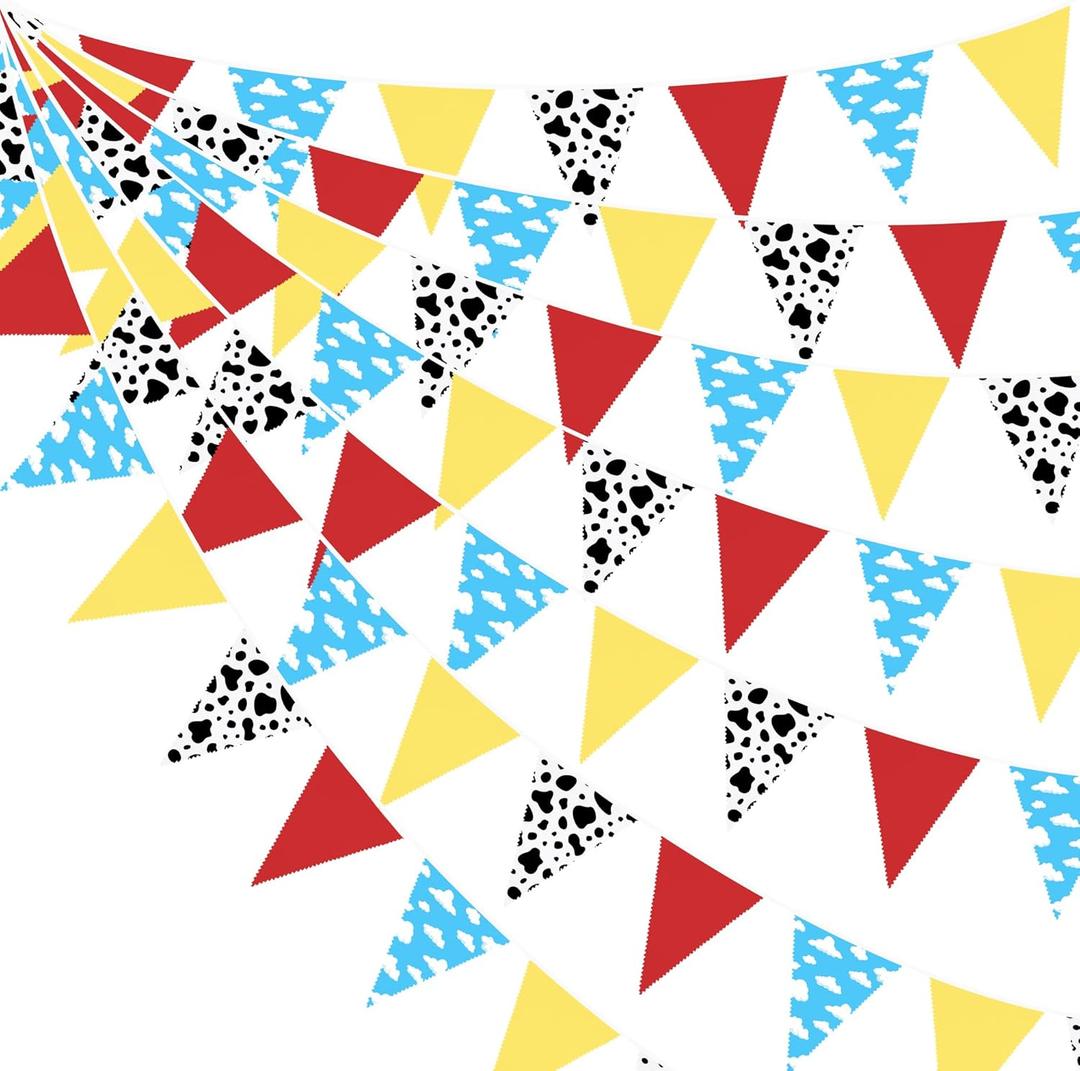 32Ft Cartoon Story Party Decorations Red Blue Yellow Toy Themed Story Fabric Banner Cloud and Cow Print Triangle Pennant Flag Garland Streamers for Kids Birthday Baby Shower Outdoor Garden Supplies