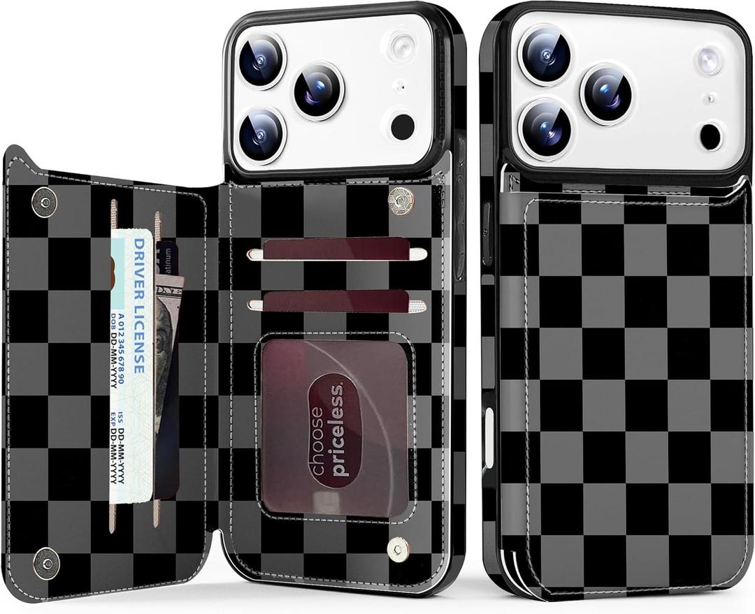 TopPerfekt for iPhone17 Pro Max Case Wallet Card Holder, Military-Grade Drop Protection,Flip PU Leather Built,Double Magnetic Clasp and Durable Shockproof for iP17 PM5G 2025 Cover-Checkered Black Gray