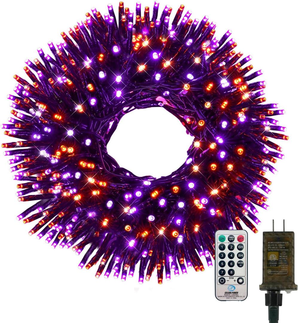 500 LED Orange and Purple Halloween Lights Plug in, Dimmable Twinkle Lights with Remote 8 Modes and Timer, 25FT Waterproof Fairy String Light for Indoor Outdoor Horror Party Tree Decorations
