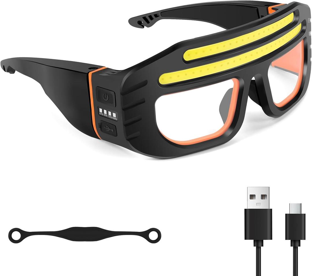 LED Glasses Rechargeable Headlight with COB Light and Clear PC lens, Hands-Free Flashlight Glasses for Mechanics, Night Running Cycling Camping Fishing - Water Resistant Headlamp for Adults