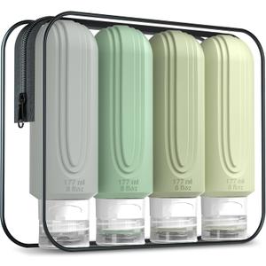 Mrsdry Travel Bottles for Toiletries, Large 6oz Oversize Containers, BPA Free Leak Proof Tubs Refillable Liquid Traveler Accessories with Toiletry Bag for Cometic Shampoo and Lotion Soap (4 Pack)