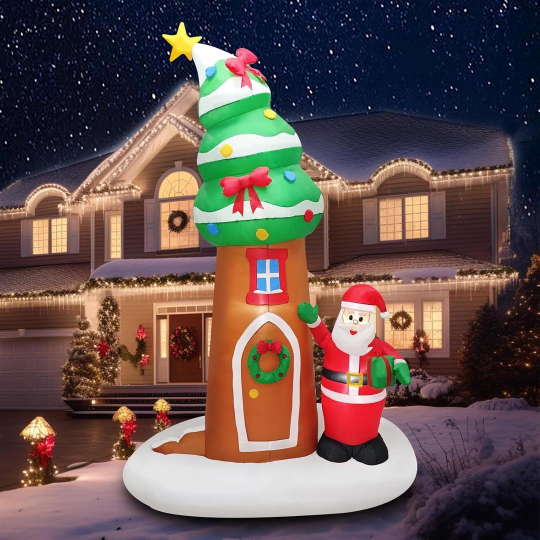 9FT Inflatable Christmas Tree with Santa Claus Blow Up Xmas Tree House with Wreath for Outdoor Decoration Holiday, Winter Festival Display, Yard, Lawn, Garden, Porch Decor Display Party Dcor