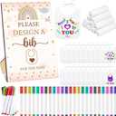 Qeeenar 50 Pcs Baby Shower Game White Bib Kit Include 1 Wooden Baby Shower Game Sign 25 DIY Blank White Bibs 24 Colorful Markers(Boho)